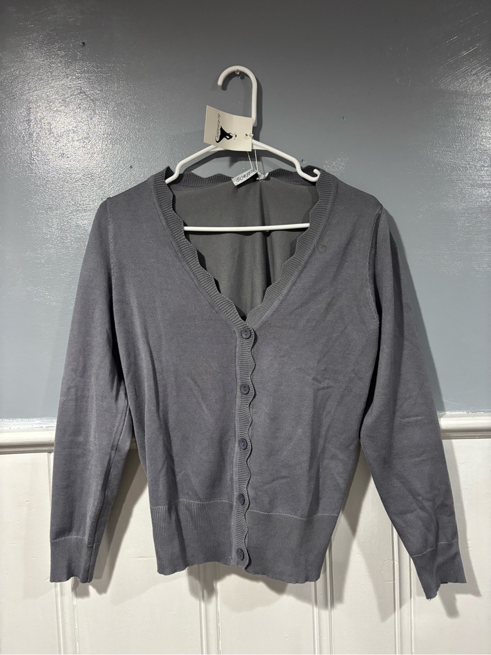 Women’s Scalloped V-Neck Button Cardigan — Gray